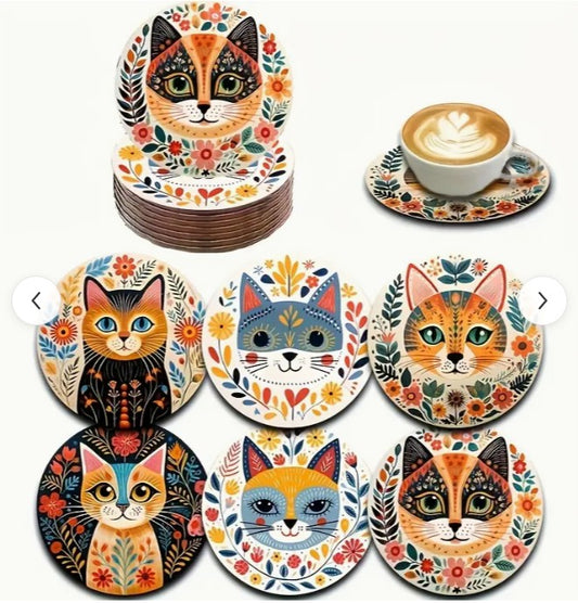6pcs bohemian cat wooden coasters