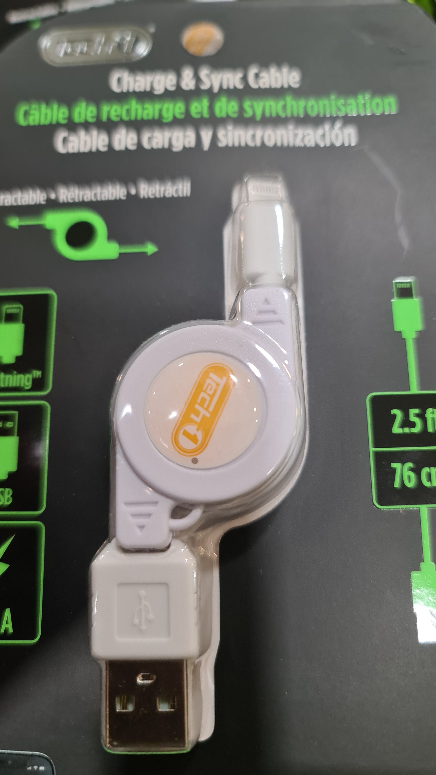 Tech 1 Lighting <-> USB charge & sync cable Retractable (black/white)