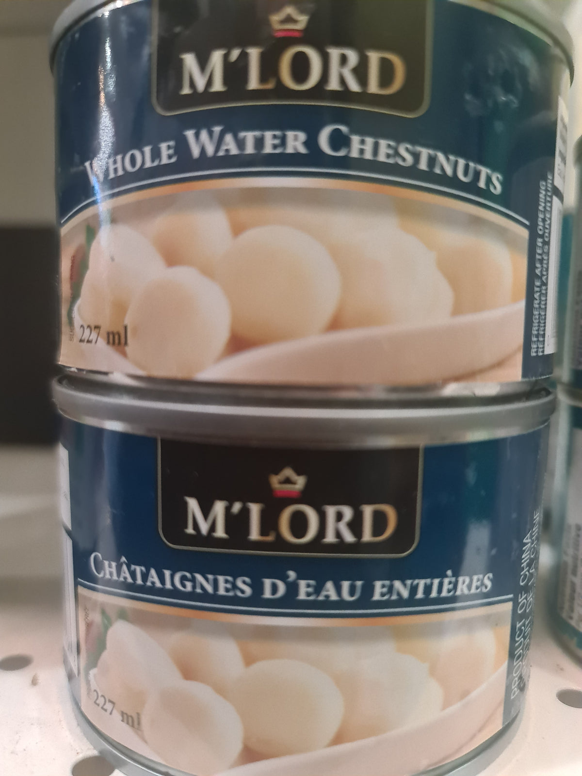 M Lord whole water chestnuts 227ml