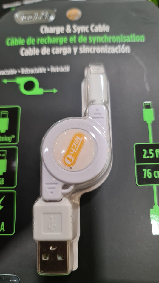 Tech 1 Lighting <-> USB charge & sync cable Retractable (black/white)