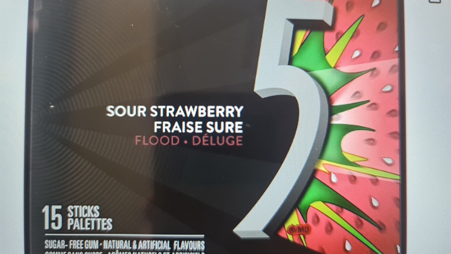 5 sour strawberry chewing gum 15 stick/pack